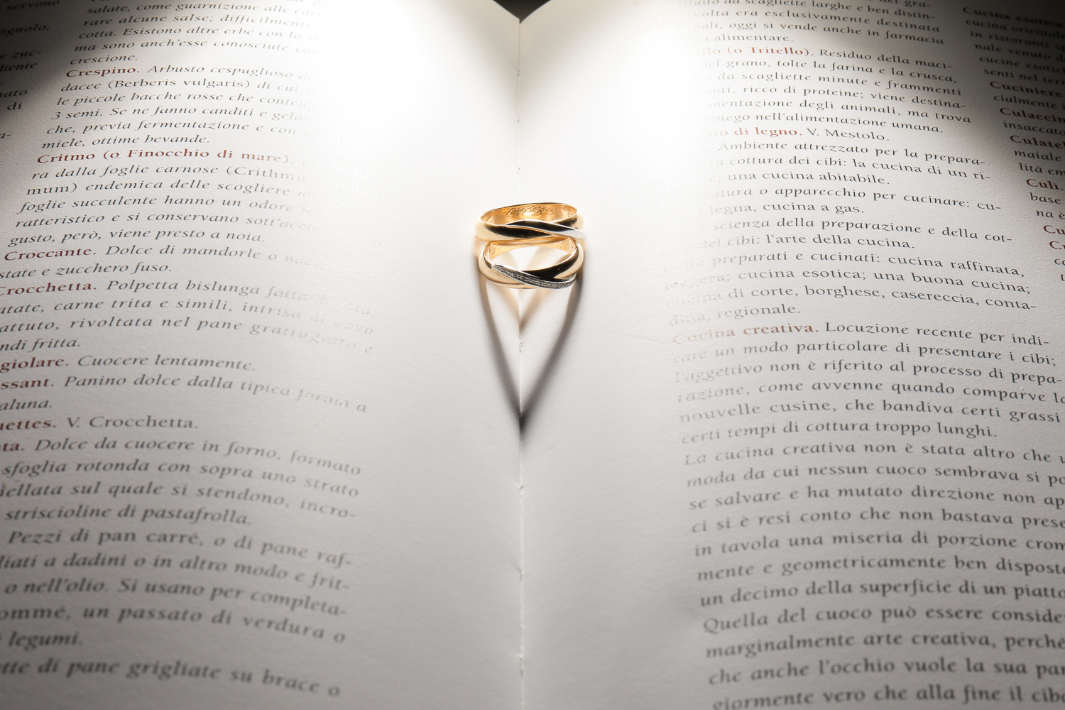 Una foto di still life dove le fedi appoggiate nella piega centrale di un libro, con un gioco di luci, creano una ombra a forma di cuore